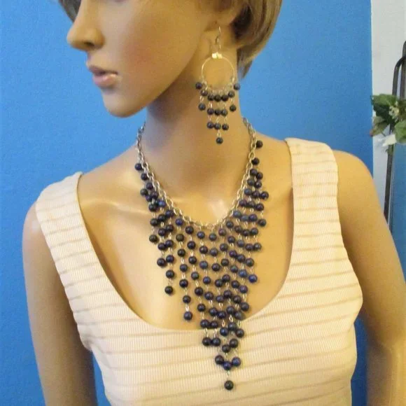 Etruscan Style Midnight Blue Silver Fringe Necklace Earrings Set Vintage - Picture 10 of 13